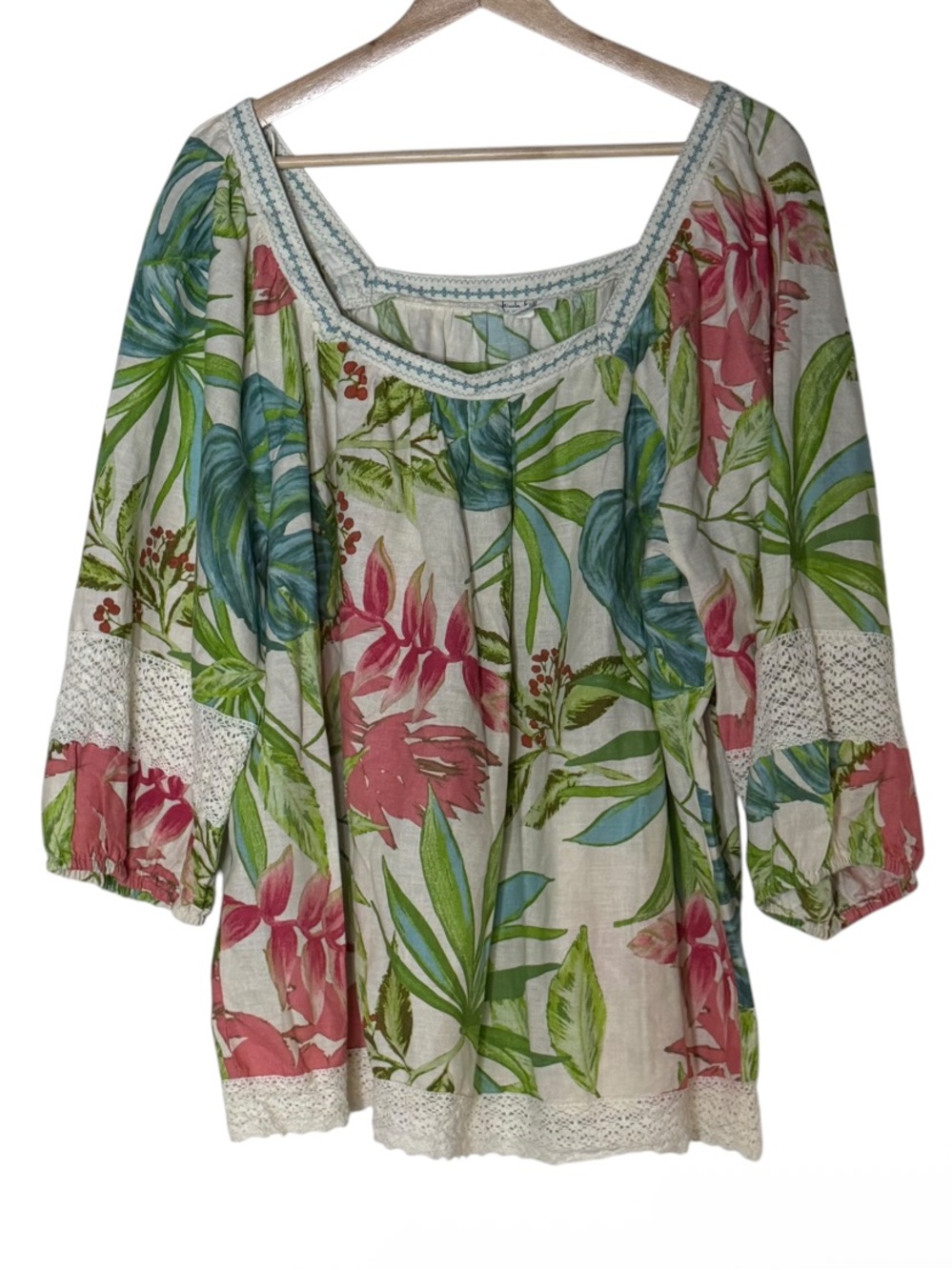 Nicole Miller Linen Blend Tropical Print Crochet Trim Square Neck Tunic Size 1X